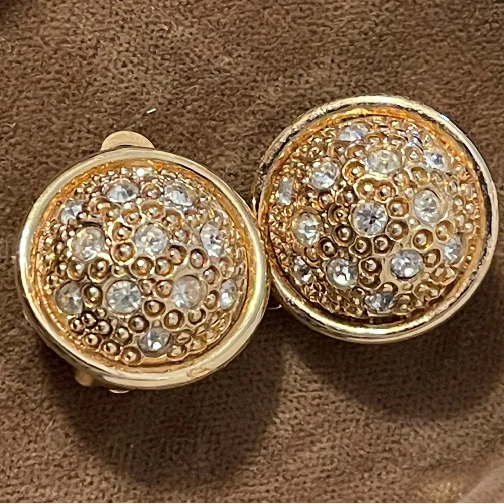 Vintage Nina Ricci Swarovski Crystal Textured Domed Clip-on Earrings - Picture 1 of 9
